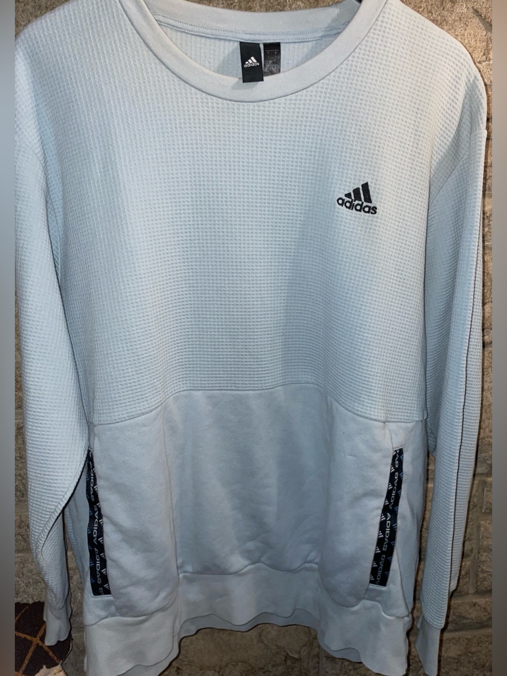 Adidas Men's Light Gray/Sage Green Waffle-Knit Crewneck Sweatshirt Size-Large